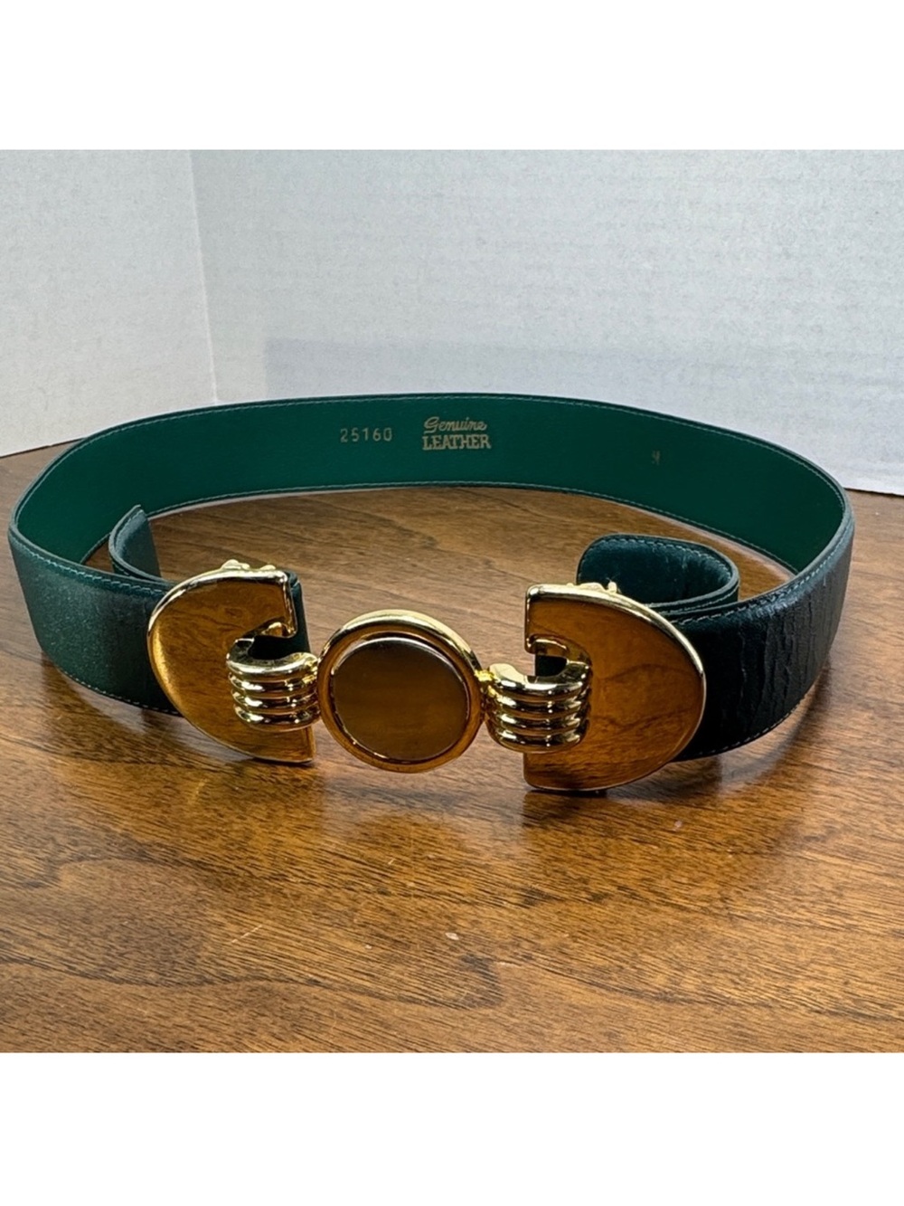 Green Genuine Leather Waist Belt with Gold-Tone Decorative Buckle